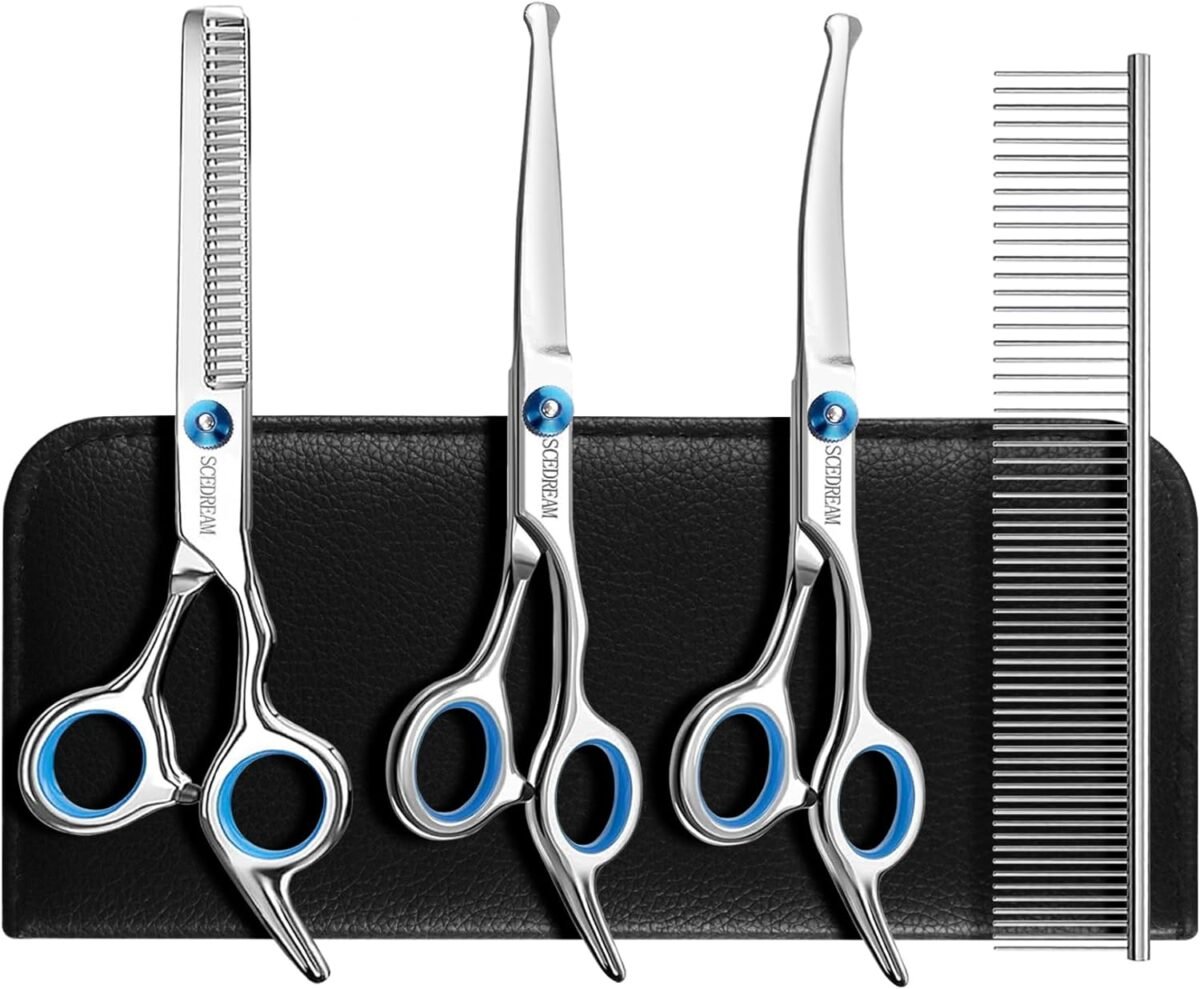 Dog Grooming Scissors for Dogs with Safety Round Tips, 5 in 1 Dog Scissors for Grooming, Professional Curved Pet Grooming Shears Set for Dogs and Cats - Image 2