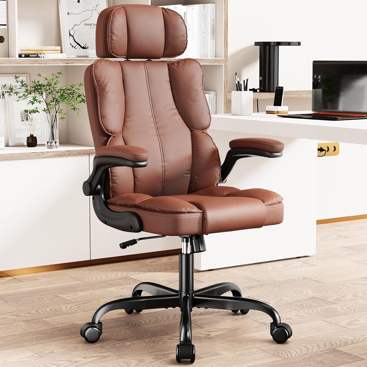 Executive Leather Office Chair, Computer Chair with Thick Cushion & Lumbar Support, Ergonomic Desk Chair with Adjustable Headrest & Armrests,Brown - Image 2