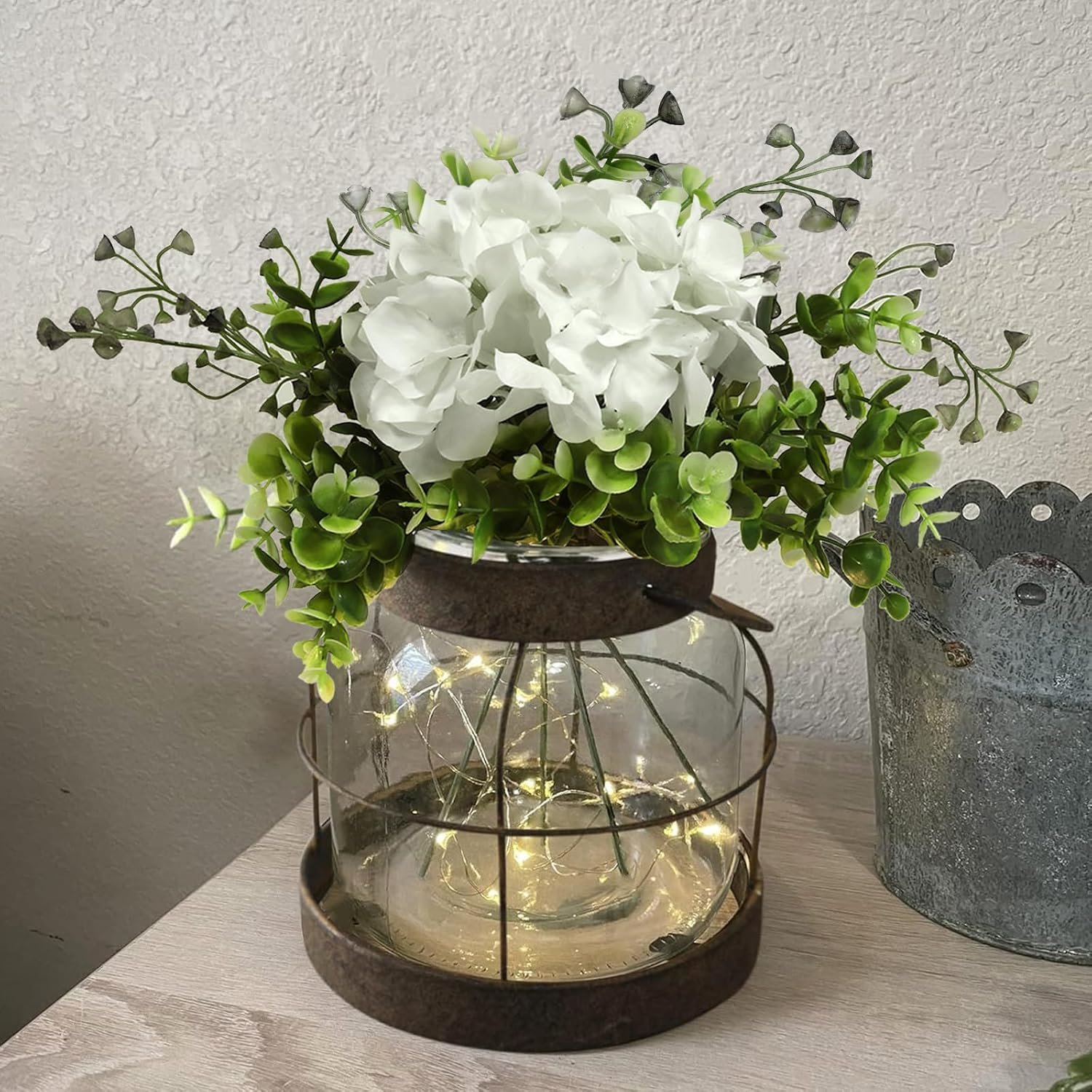 Farmhouse Glass Lantern Vase Vintage Flower Vases with Plants Hydrangea Lights Rustic Floral Arrangement Centerpieces Home Decor Hostess Housewarming Gift - Image 2