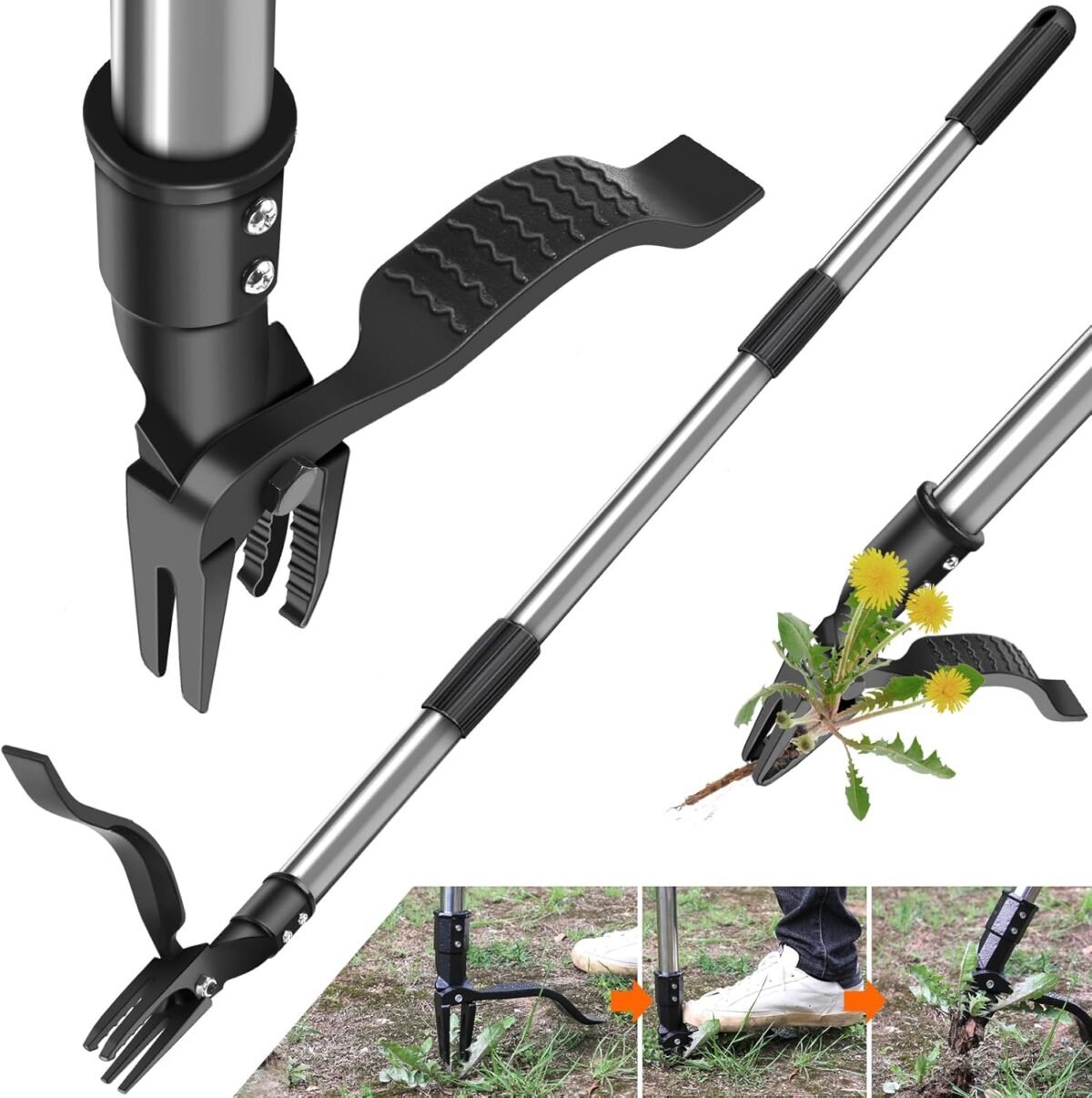 GOXAWEE Weed Puller Tool, 4-Claw Stand Up Weeder with Adjustable 46” Handle for Remove Weeds Without Bending, Pulling or Kneeling - Image 2
