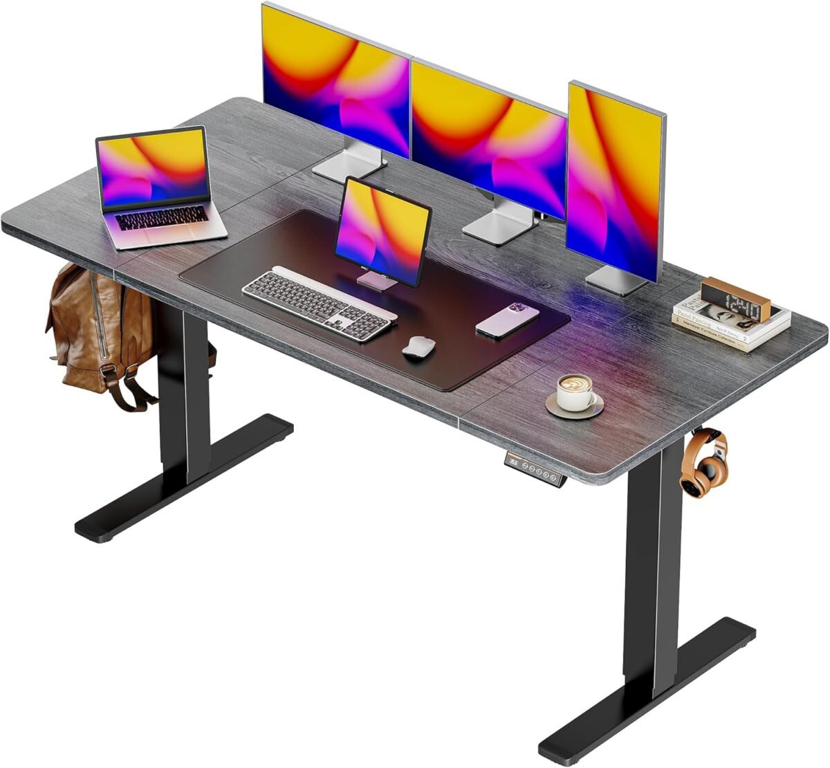 Huuger 55 x 28 Large Electric Standing Desk, Height Adjustable Desk, 27.6" Deep Desktop, Stand up Gaming Computer Office Desk with 2 Hooks, 3 Preset Heights, for Home Office, Grey - Image 2