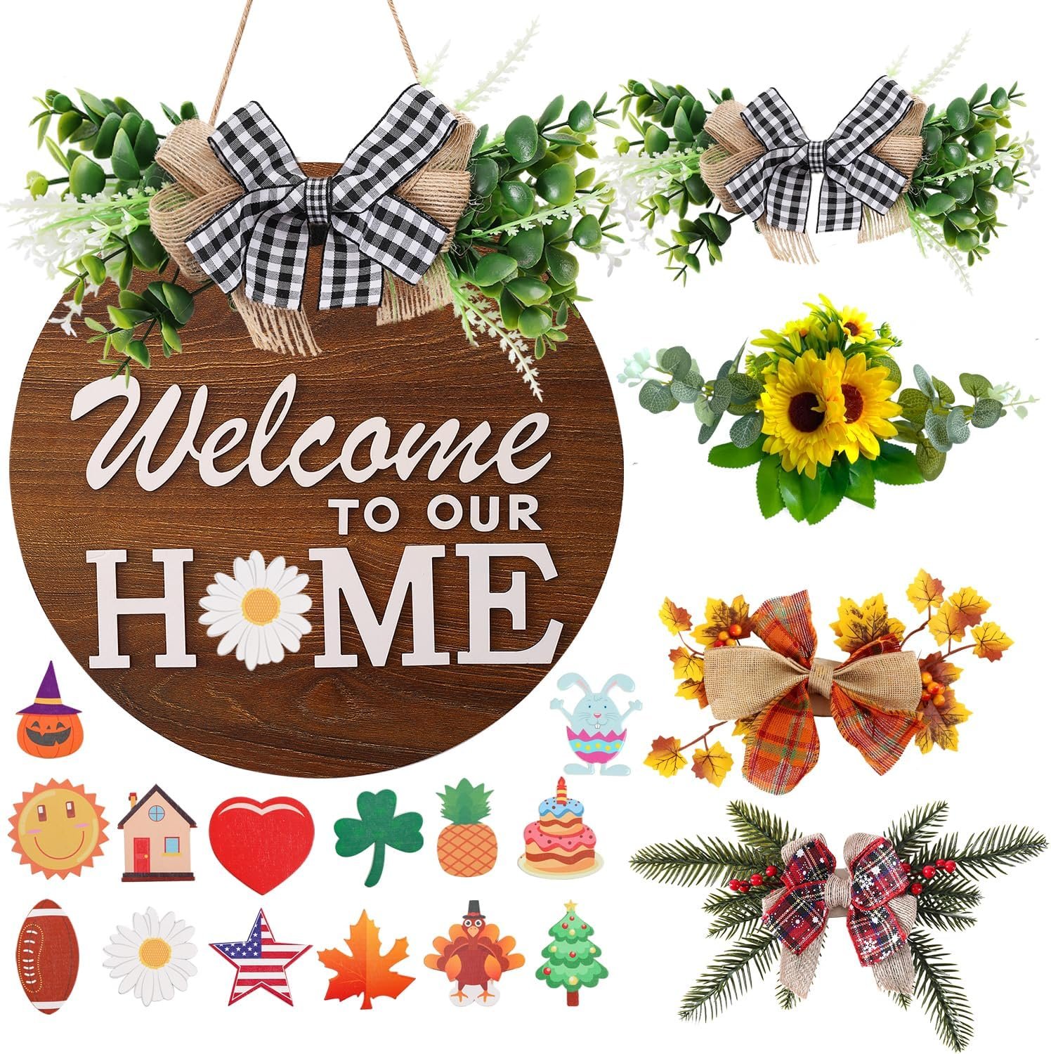 Interchangeable Welcome Sign for Front Door with 4 Seasonal Wreaths and 14 Changeable Icons, Farmhouse Front Door Signs, Door Decoration Porch Decor, Seasonal Wooden Home Sign home décor (6wood) - Image 2