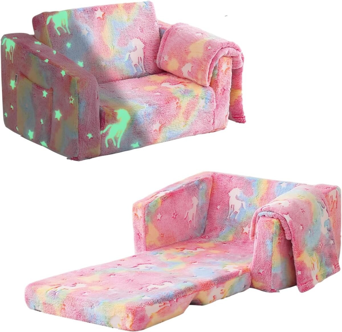 Kids Couch Fold Out, Foldable Toddler Couch with Blanket, Kids Sofa for Girls & Boys, Flip Out Toddler Chair, Convertible Sofa to Lounger for Children Age 1-3 (Glow Pink) - Image 2