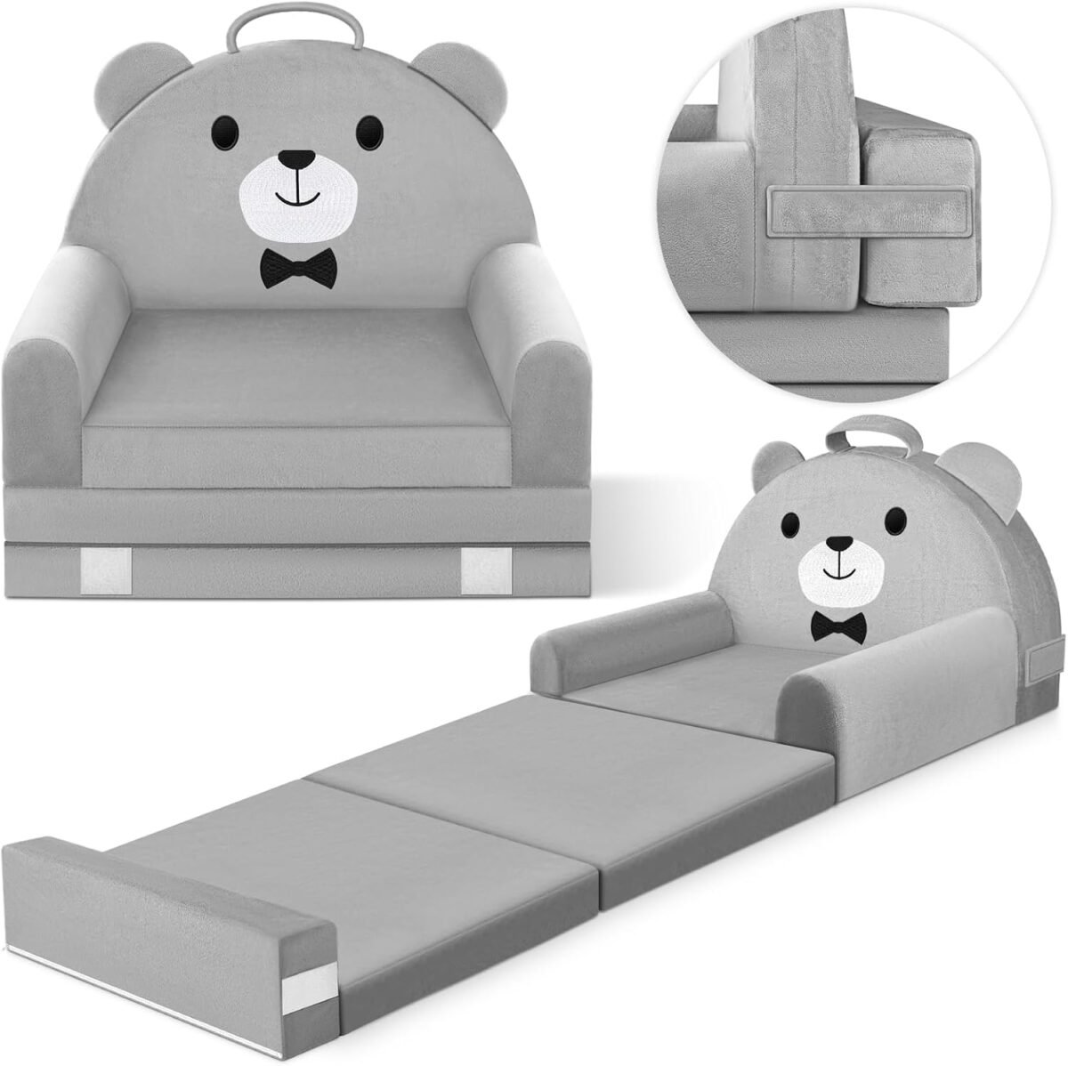 Kids Sofa Bed with Removable Washable Cover & Magic-Tape Backrest – Foldable Toddler Chair Kid Couch, Cozy Crystal Velvet Furniture for Playtime, Naps & Travel (Soft Grey, Bear Design) - Image 2