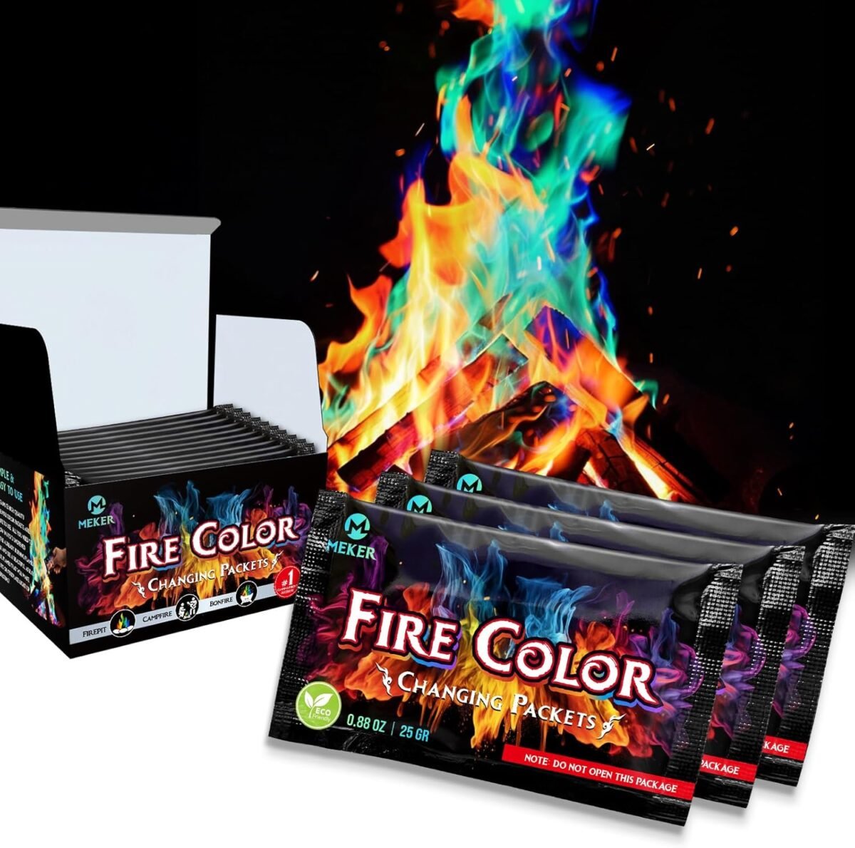 MEKER Fire Color Changing Packets - Fire Pit, Campfires, Outdoor Fireplaces, Bonfire - Magic Colorful Changing Fire - Perfect Fire Camping Accessories for Kids & Adults (12 Pack) - Image 2
