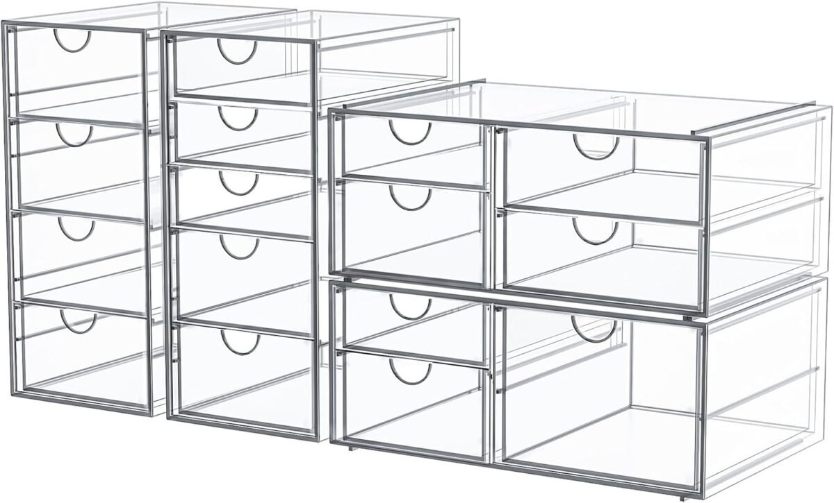 Makeup Organizer With 16 Drawers, 4 Pcs Desktop Office Supplies, Desk Organizers, Clear Desk Accessories, Dustproof Drawer Storage for Make Up, Jewelry, Pen, Stationary - Image 2