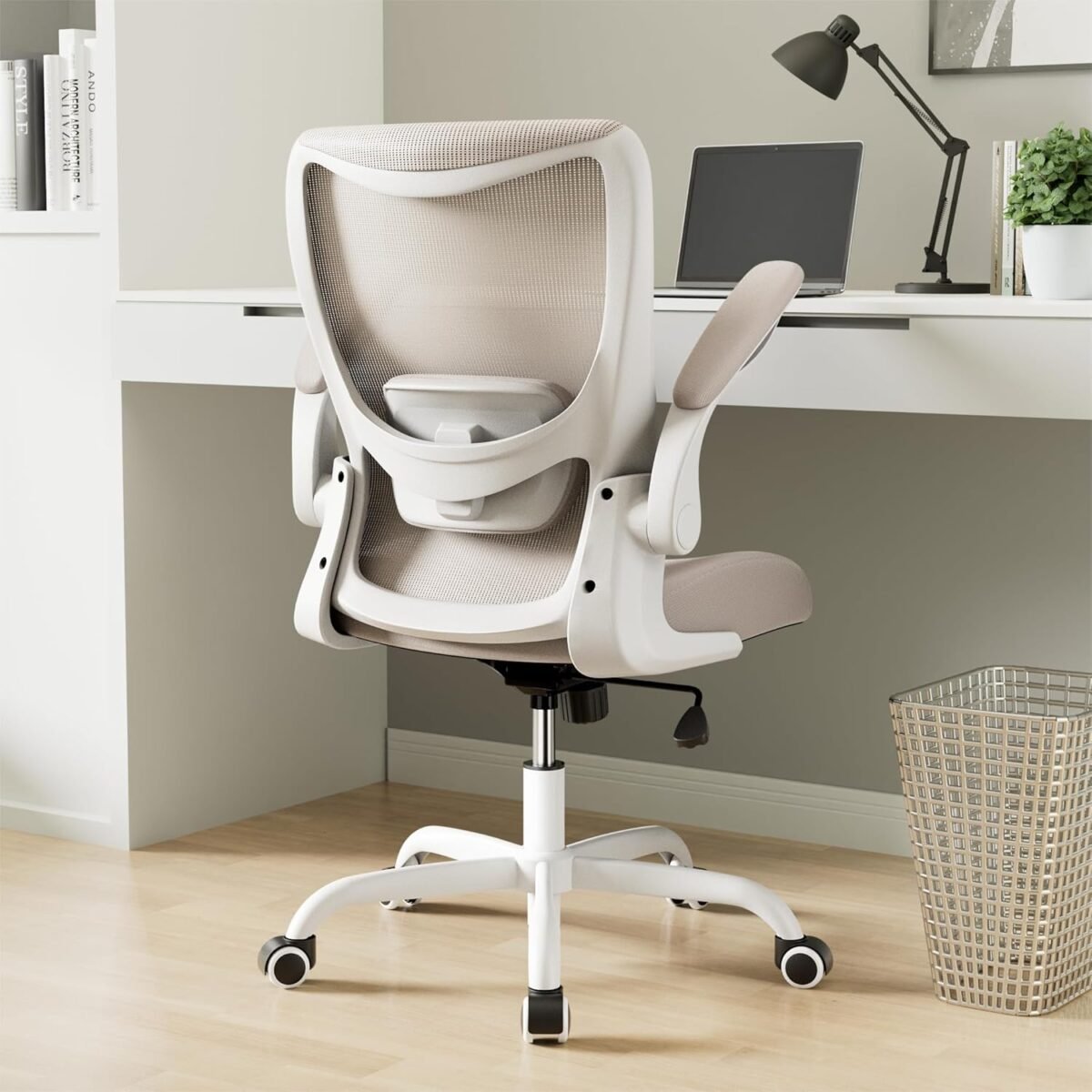 Office Chair, Ergonomic Desk Chair with Adjustable Lumbar Support and Flip up Armrest, Breathable Mesh Computer Chair for Home Office, Khaki - Image 2
