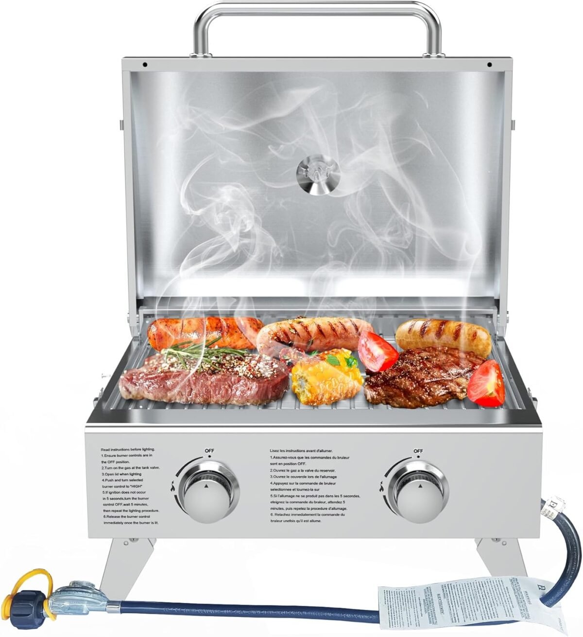 Portable Propane Gas Grill 2-Burner Tabletop with Foldable Legs for Outdoor Camping Cooking Two 10,000 BTU Burners Stainless Steel, and Built-in Thermometer Chef's Style - Image 2