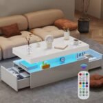 Coffee Table with Storage, White High Gloss Coffee Table for Living Room with LED RGB Lights 2 Drawer Storage and Open Shelf