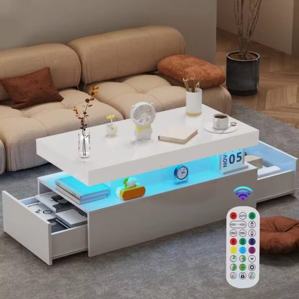Coffee Table with Storage, White High Gloss Coffee Table for Living Room with LED RGB Lights 2 Drawer Storage and Open Shelf