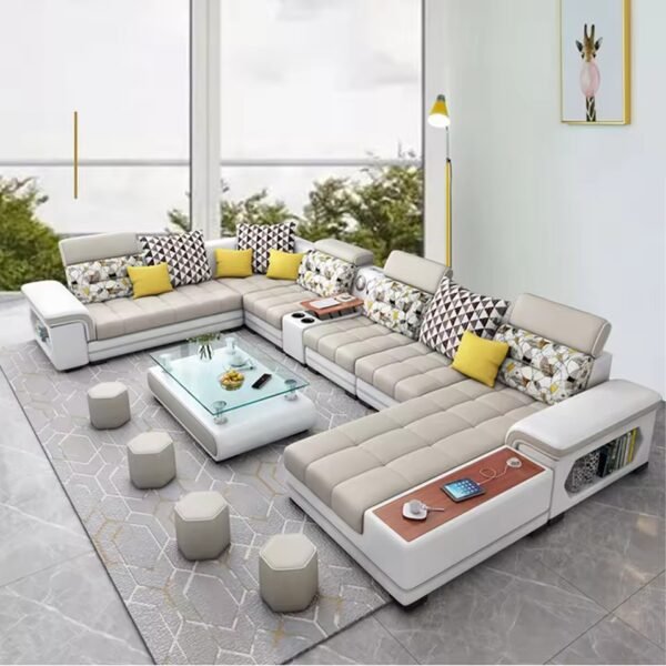 Big U-Shape Coth Living Room Sofa Sets with USB, Speaker, Stools,Bluetooth – Linlamlim Fabric Sectional Sofas for Home Furniture