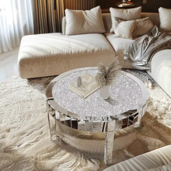 Mirrored Coffee Table with Crystal Inlay, 31.5” Modern Round Coffee Table with Mirror Surface, Silver Accent Table Living Room
