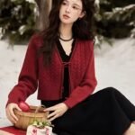 MISHOW Red Knitted Cardigan V-Neck Midi Dresses Separately A-LINE Temperament Grace Dress Flower Lace-up Warm Coat MXD58L2085