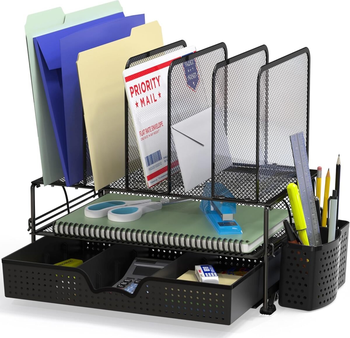 Simple Houseware Mesh Desk Organizer with Sliding Drawer, Double Tray and 5 Upright Sections, Black - Image 2