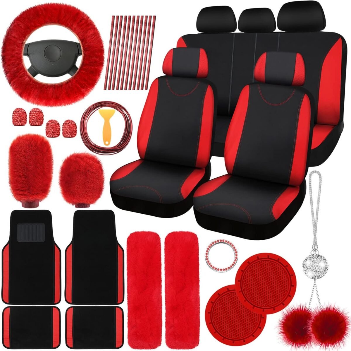 Woanger 47 Car Seat Cover Full Set for Women Included Car Front Rear Seat Fluffy Steering Wheel Cover Belt Automotive Floor Mats Air Conditioner Decoration Strip Universal(Red Black) - Image 2