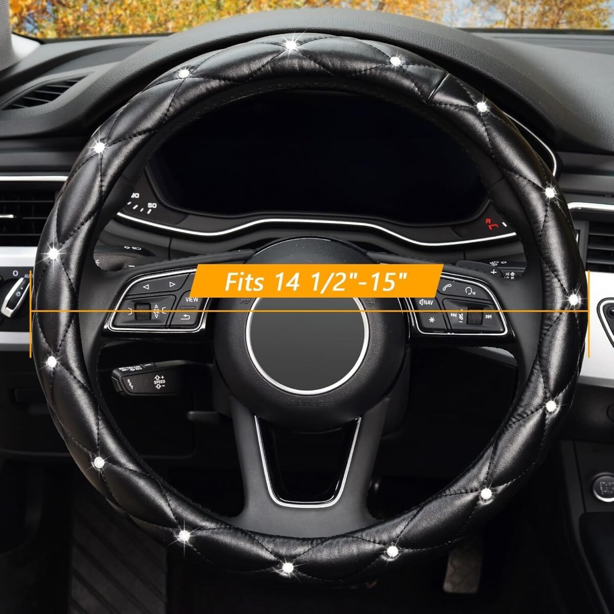 KAFEEK Diamond Soft Leather Steering Wheel Cover with Bling Bling Crystal Rhinestones, Universal 15 inch Anti-Slip, Car Interior Accessories for Women Girls, Black - Image 3
