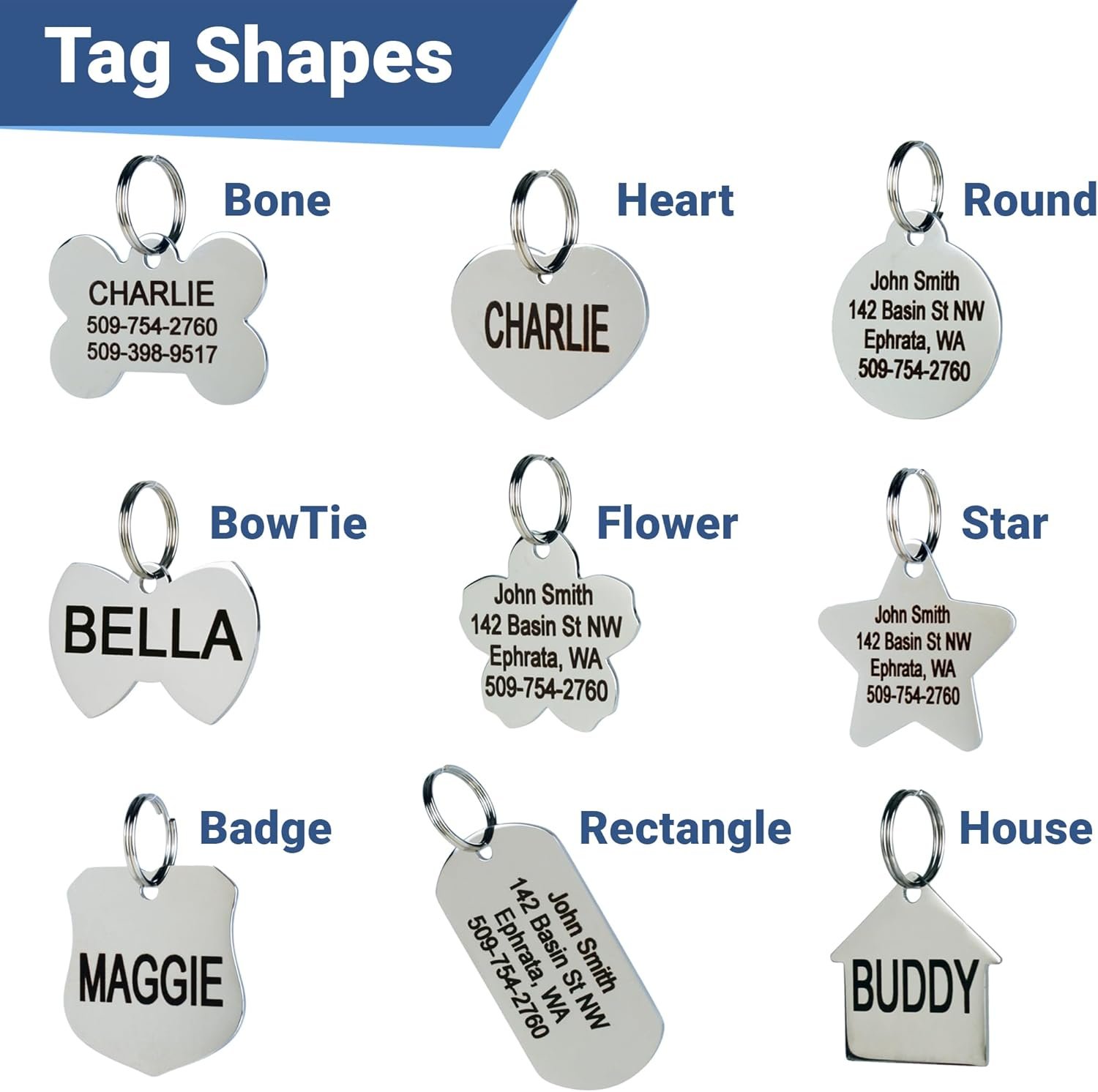 1746434956 gotags stainless steel pet id tags personalized dog tags and cat tags up to 8 lines of custom text engraved on both sides in bone round heart bowtie and more dog bone regular pack of 1.jpg