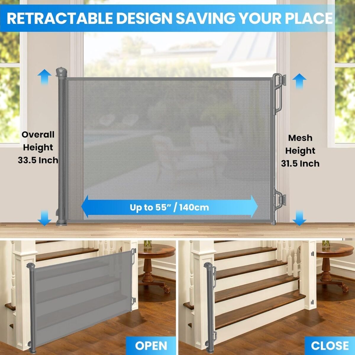 1746467882 retractable safety baby gate or mesh dog gatedurable portable mesh retractable gateeasy to use for stairs doorwayshallways indoor outdoor 33.5 tall extends to 55 wide gray.jpg