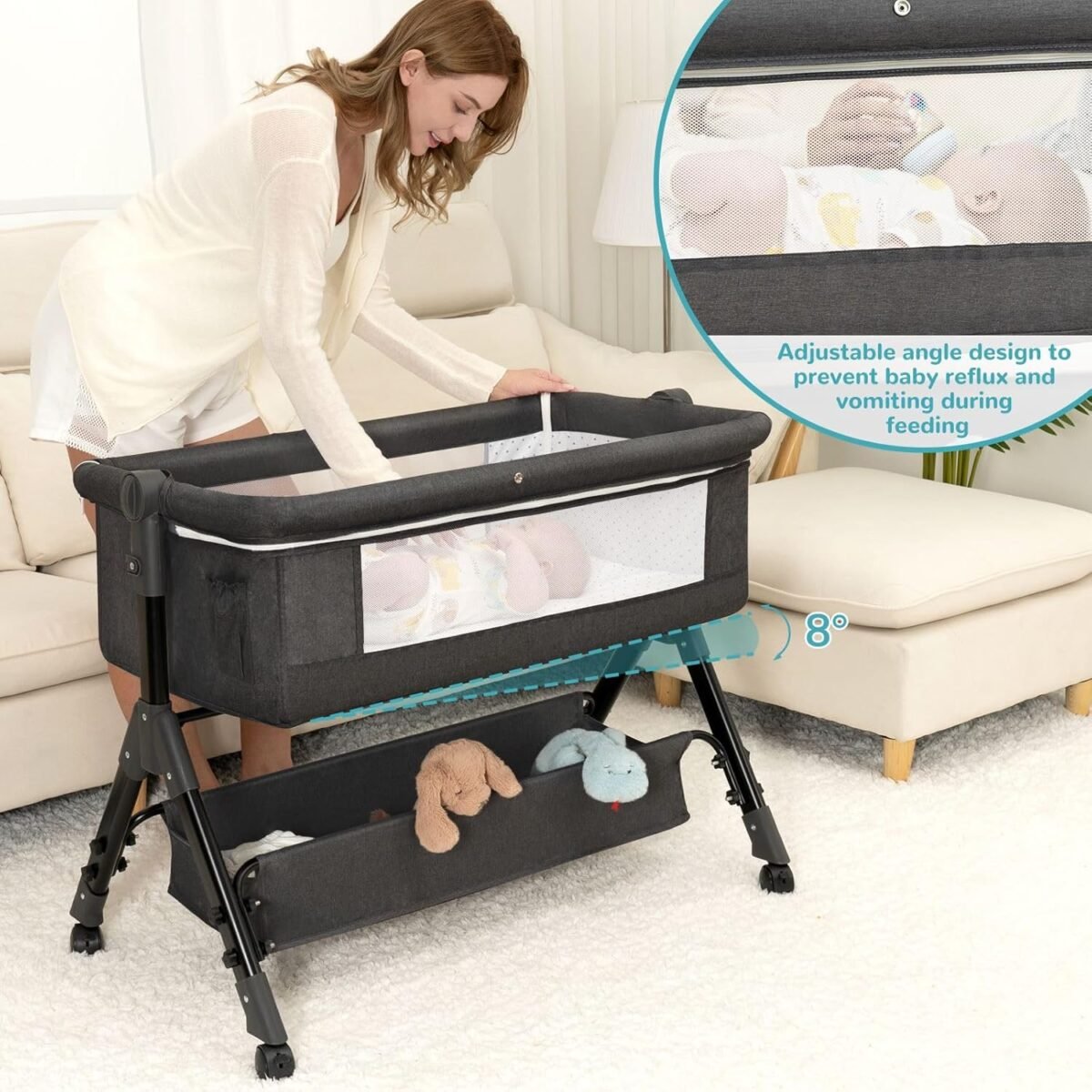 1746524479 baby bassinet bedside bassinet for baby 3 in 1 bassinet bedside sleeper with wheels mosquito net adjustable easy folding portable bed for infant newborn dark grey.jpg