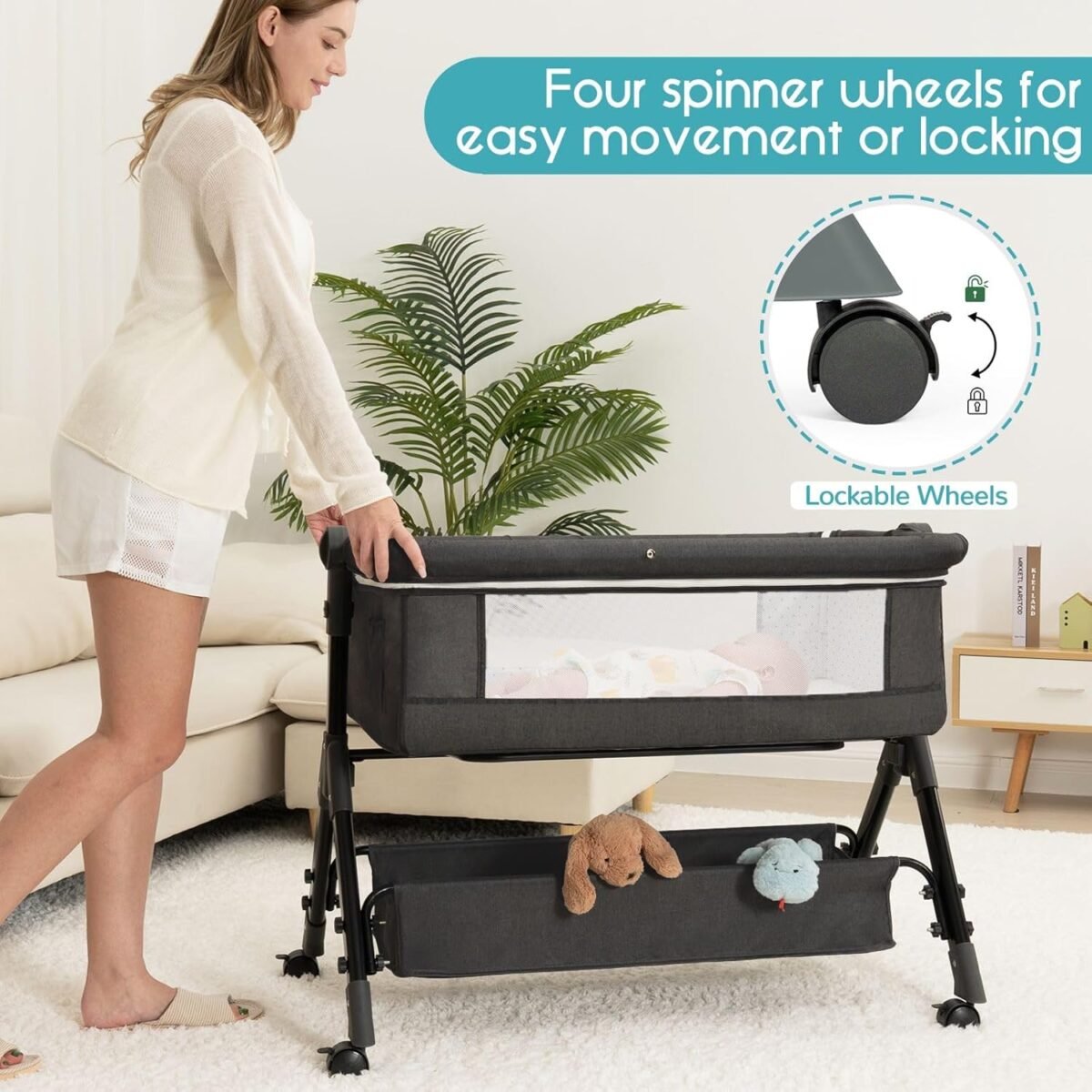 1746524480 baby bassinet bedside bassinet for baby 3 in 1 bassinet bedside sleeper with wheels mosquito net adjustable easy folding portable bed for infant newborn dark grey.jpg