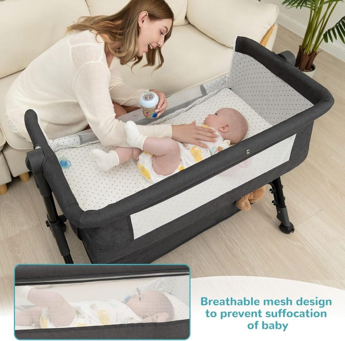 1746524490 baby bassinet bedside bassinet for baby 3 in 1 bassinet bedside sleeper with wheels mosquito net adjustable easy folding portable bed for infant newborn dark grey.jpg