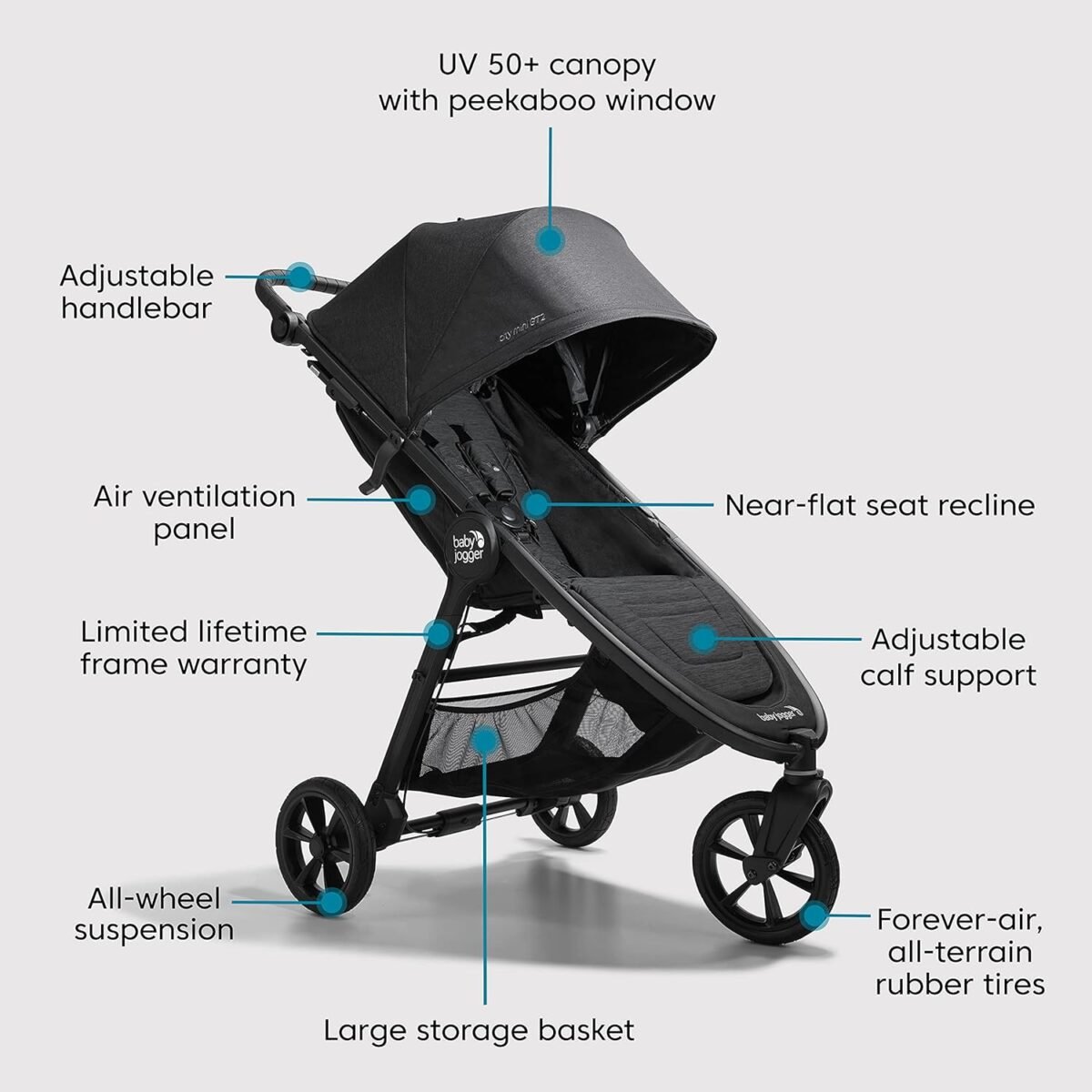 1746564820 baby jogger city mini gt2 all terrain stroller black complete with adjustable handlebar hand operated parking brake and car seat adapter.jpg