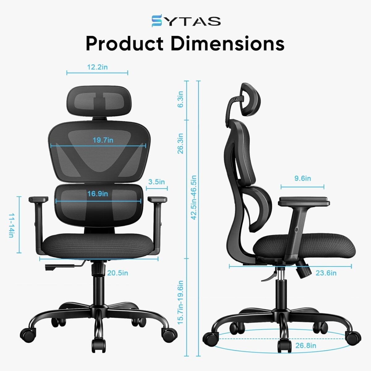 1746789577 sytas ergonomic office chair high back mesh desk chair with lumbar support and adjustable headrest executive swivel computer chair for home office tilt function black.jpg
