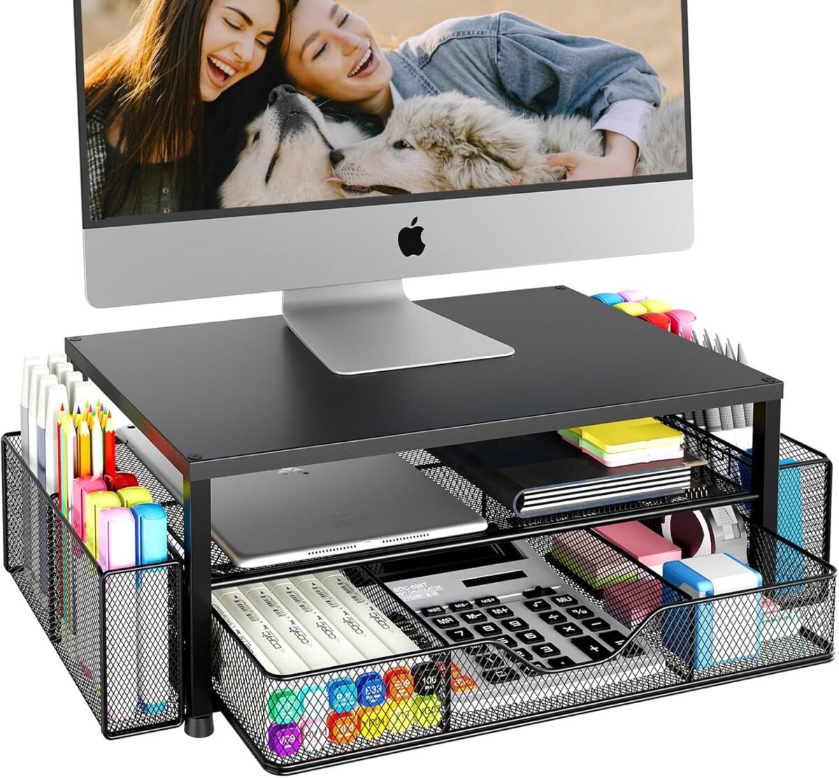 1746840410 desk organizer and accessories 2 tier computer monitor stand with drawer and 2 pen holders office desk accessories for office supplies black.jpg