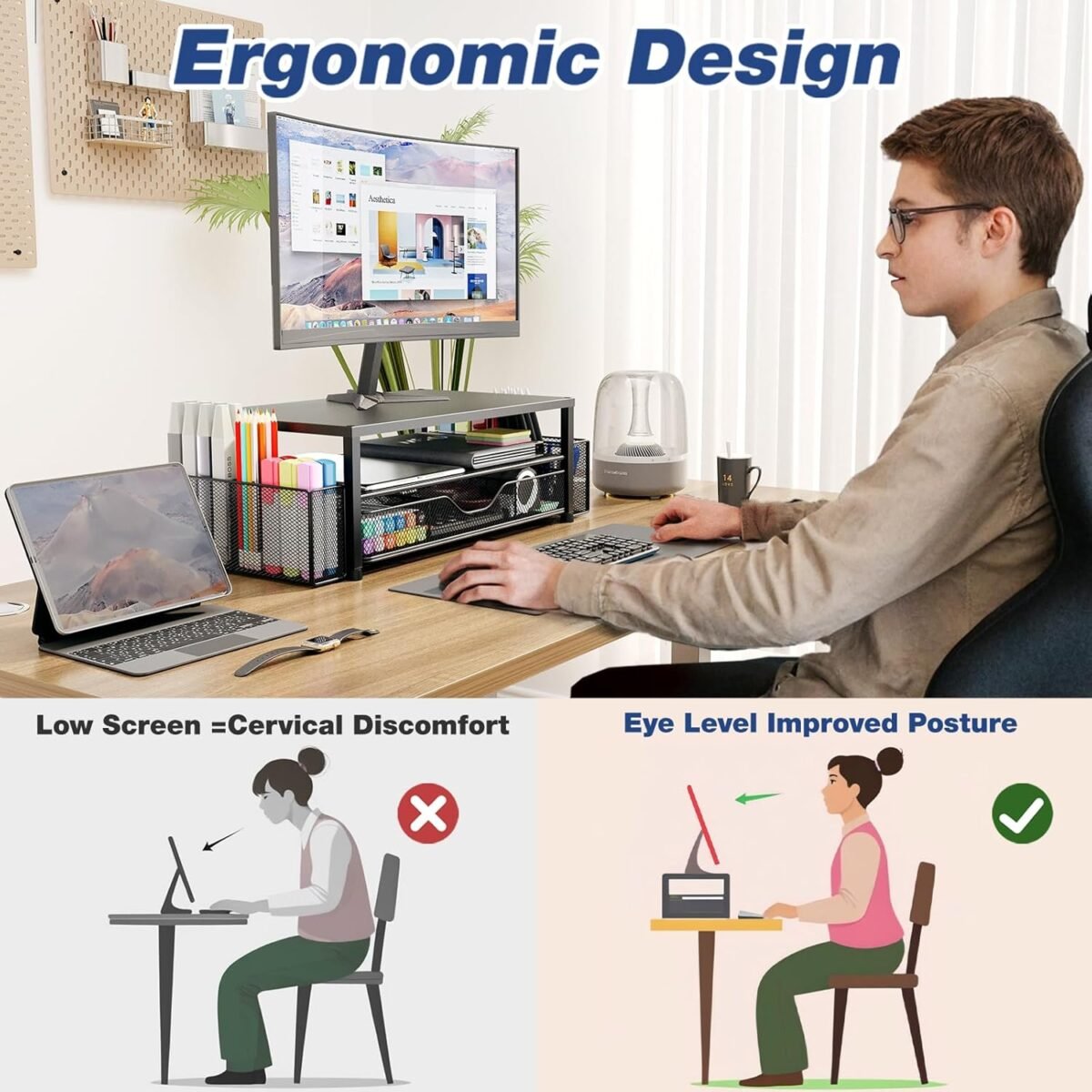 1746840411 desk organizer and accessories 2 tier computer monitor stand with drawer and 2 pen holders office desk accessories for office supplies black.jpg