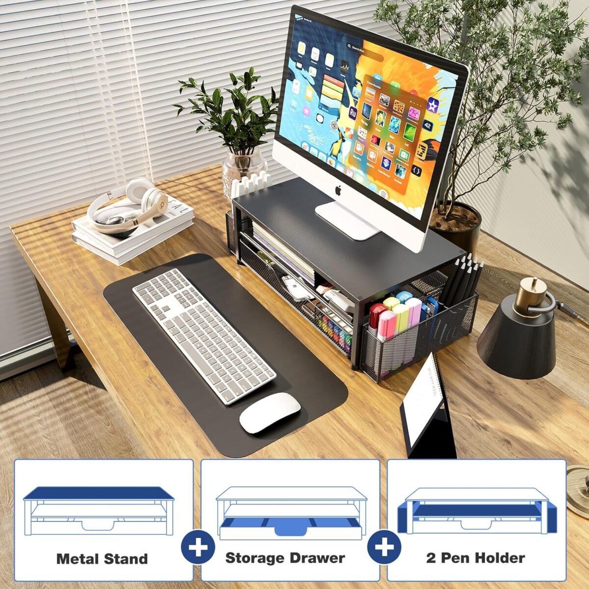 1746840417 desk organizer and accessories 2 tier computer monitor stand with drawer and 2 pen holders office desk accessories for office supplies black.jpg