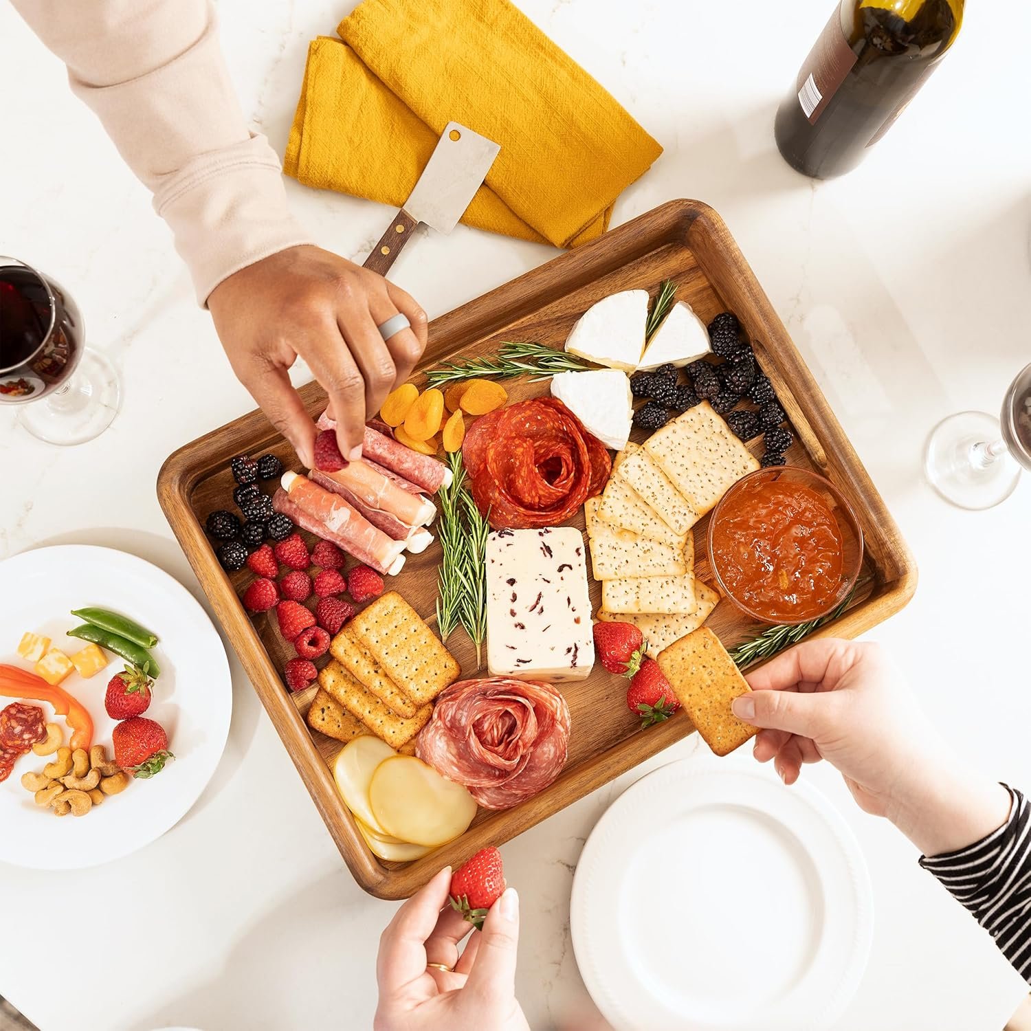 1746915280 acacia wooden serving trays with handles for eating appetizers food snacks or home decor large wood bed tray or tv tray decorative ottoman or coffee table accessory 16x12 inch set of 1.jpg