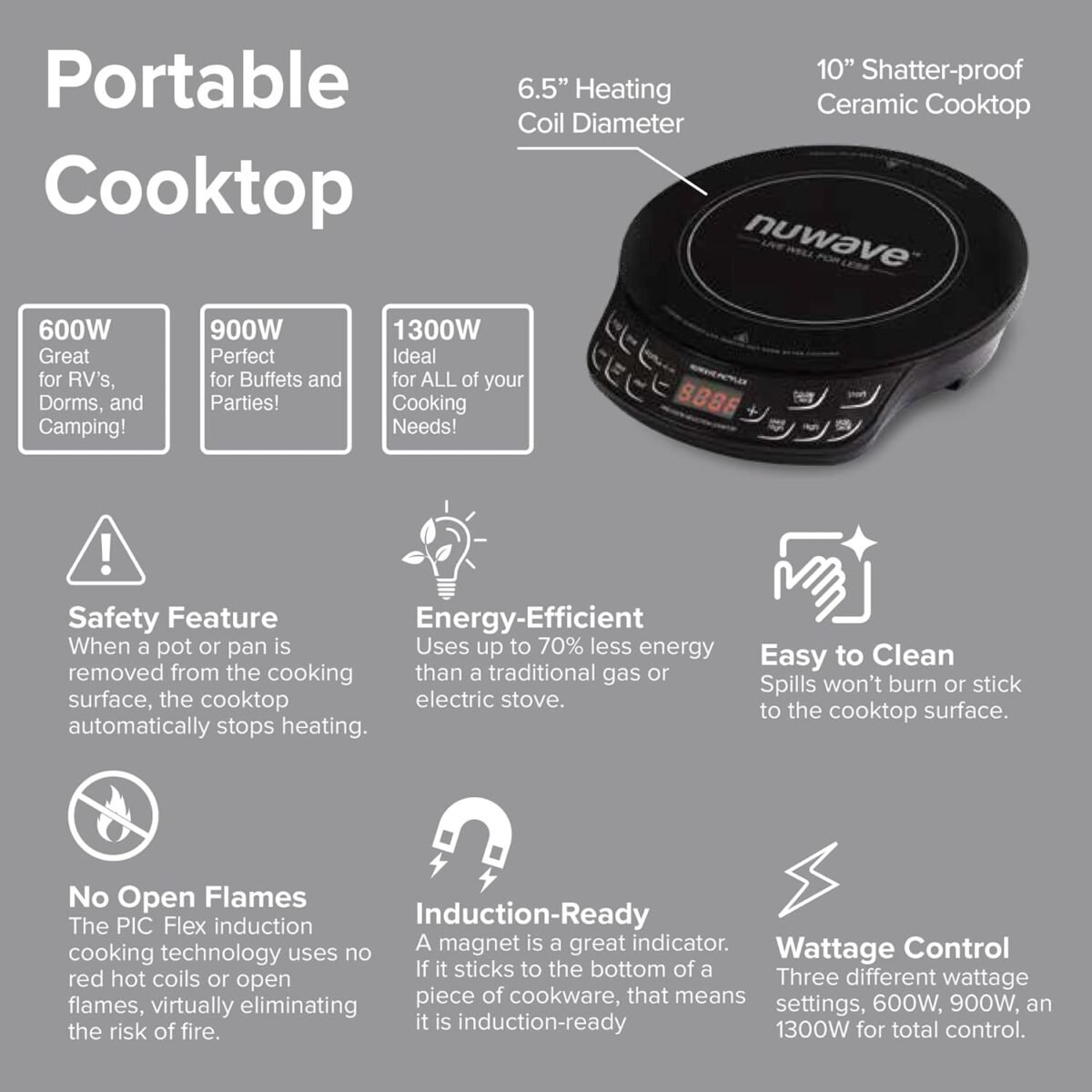 1747065871 nuwave flex precision induction cooktop 10.25 shatter proof ceramic glass 6.5 heating coil 45 temps from 100°f to 500°f 3 wattage settings 600 900 1300 watts black.jpg