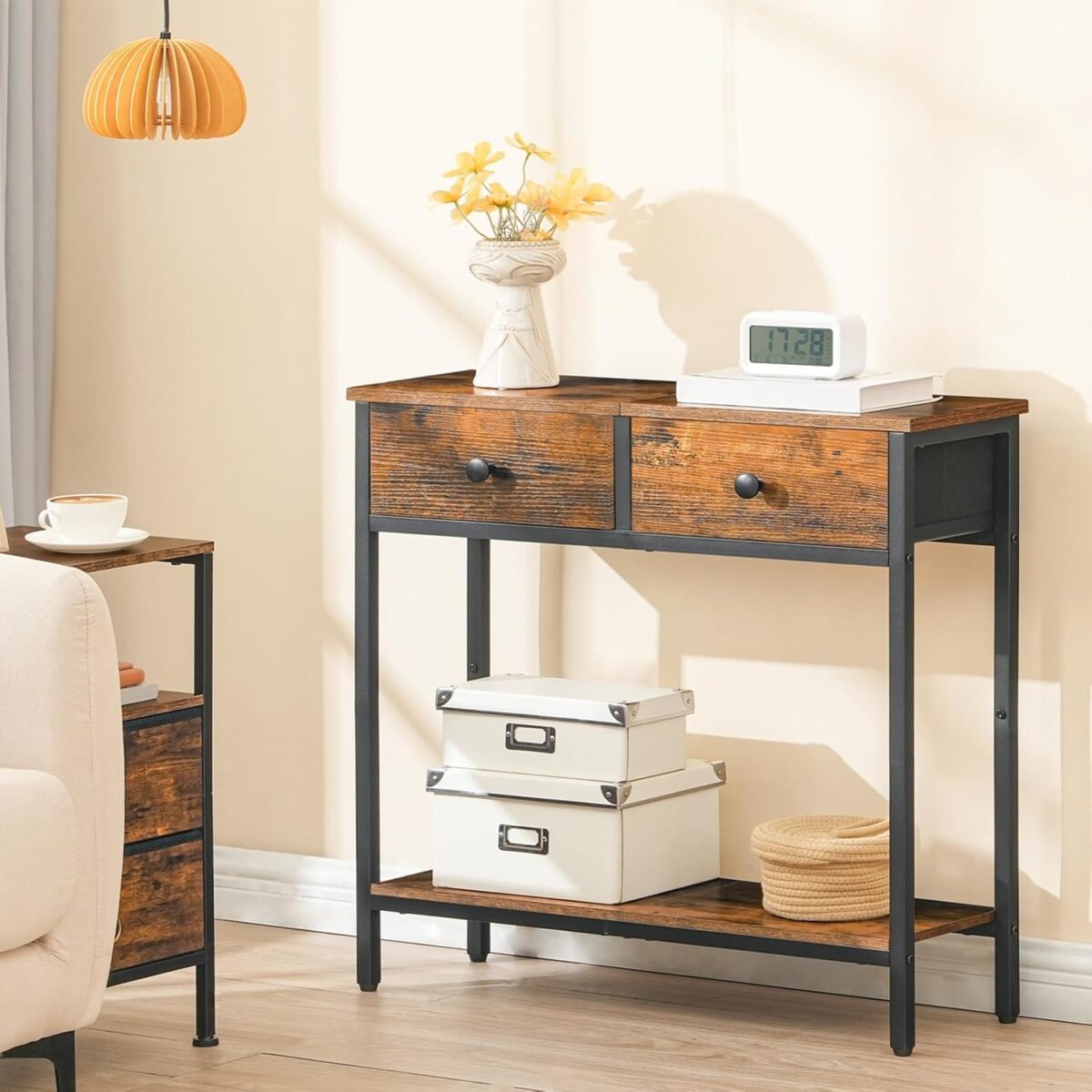 1747070565 hoobro 29.5 narrow console table with 2 fabric drawers small entryway table with 2 tier storage shelves thin sofa table side table for living room hallway rustic brown and black bf71xg01.jpg