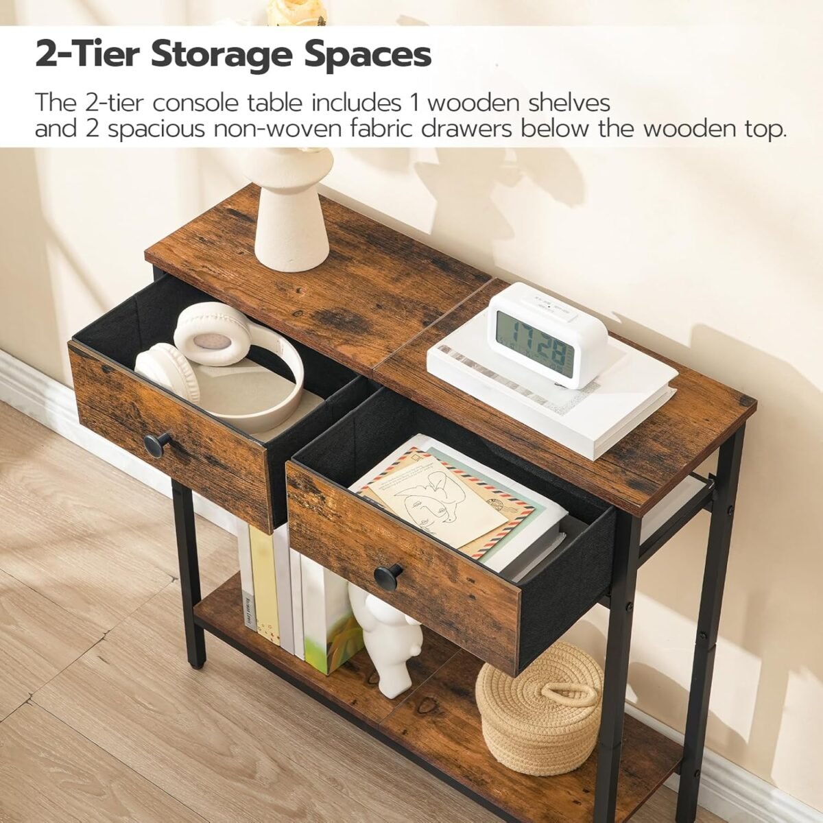 1747070569 hoobro 29.5 narrow console table with 2 fabric drawers small entryway table with 2 tier storage shelves thin sofa table side table for living room hallway rustic brown and black bf71xg01.jpg