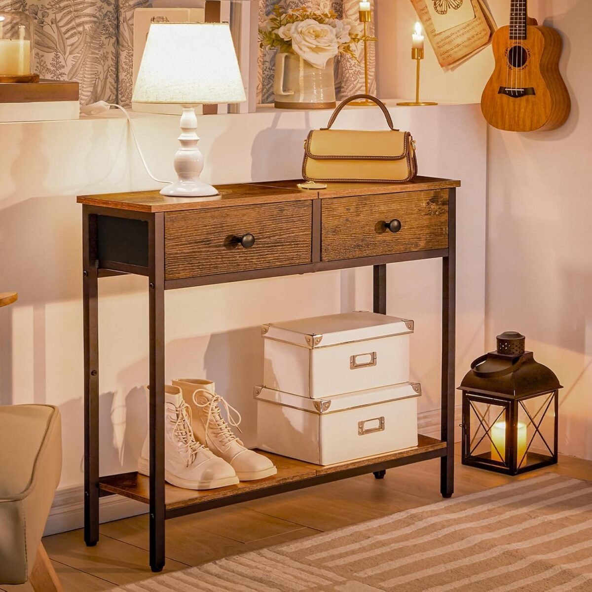 1747070571 hoobro 29.5 narrow console table with 2 fabric drawers small entryway table with 2 tier storage shelves thin sofa table side table for living room hallway rustic brown and black bf71xg01.jpg