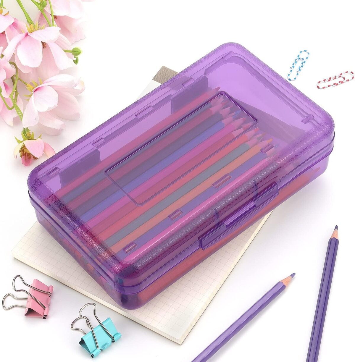 1747189428 tamaki 1 pack plastic pencil box large capacity pencil boxes clear boxes with snap tight lid stackable design and stylish office supplies storage organizer box purple.jpg