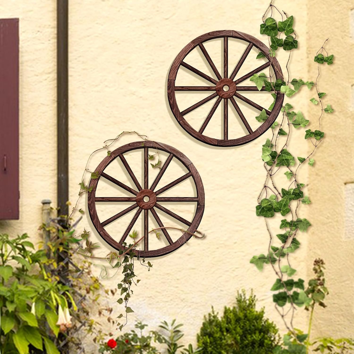 1747258140 oyefly 2 pcs wagon wheel decordecorative vintage wood garden wagon wheelvintage rustic wagon wheel brown 12 inch.jpg