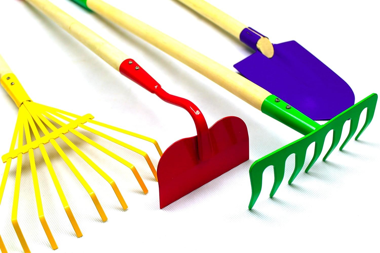 1747314373 justforkids kids garden tool set toy rake spade hoe and leaf rake reduced size made of sturdy steel heads and real wood handle 4 piece multicolored 5yr.jpg