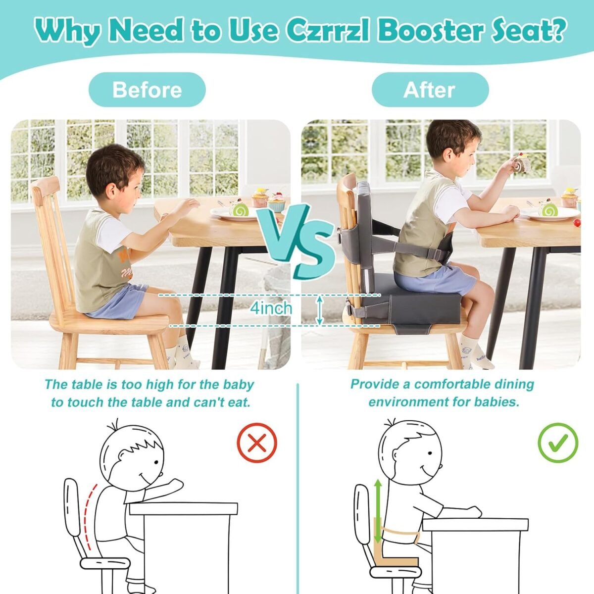 1747358814 toddler booster seat for dining table kitchen chair waterproof non slip with backrest adjustable straps portable pu travel baby kids booster seat cushion.jpg