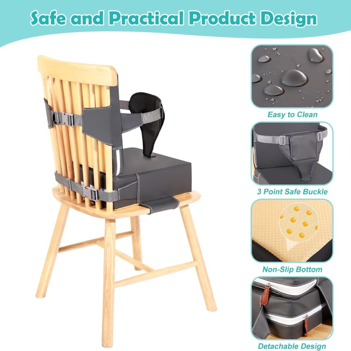 1747358815 toddler booster seat for dining table kitchen chair waterproof non slip with backrest adjustable straps portable pu travel baby kids booster seat cushion.jpg