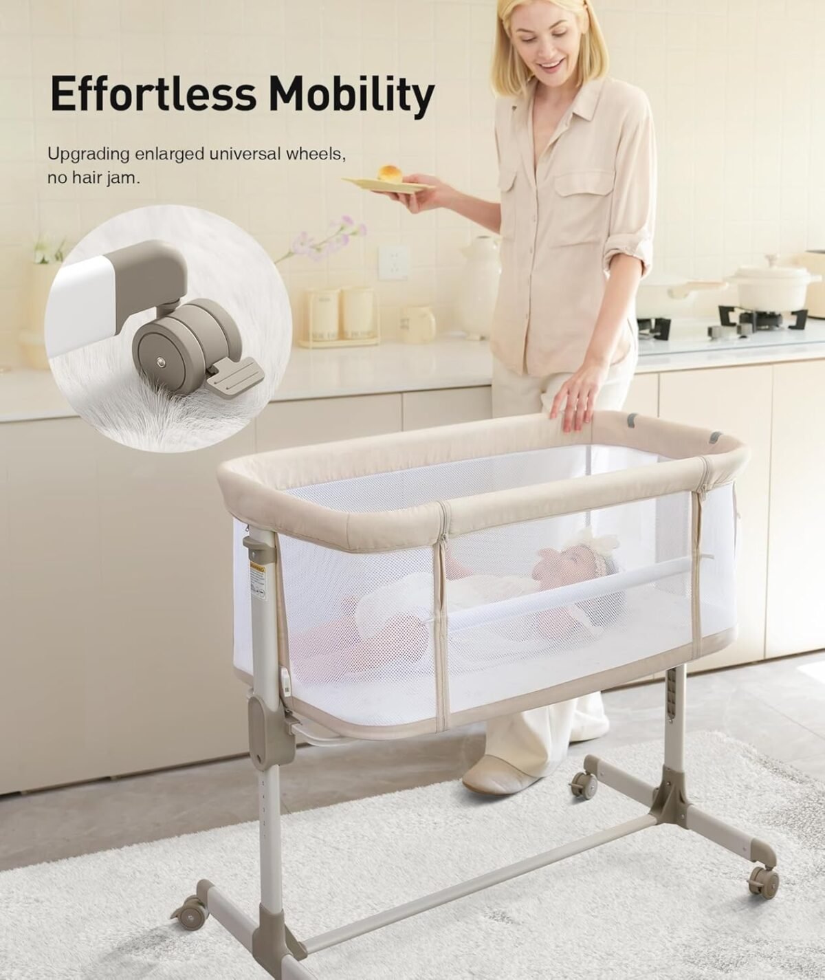 1747358952 fodoss baby bassinets bedside sleeper all mesh bedside bassinet with wheels 7 height adjustable baby bassinet for infants beige.jpg