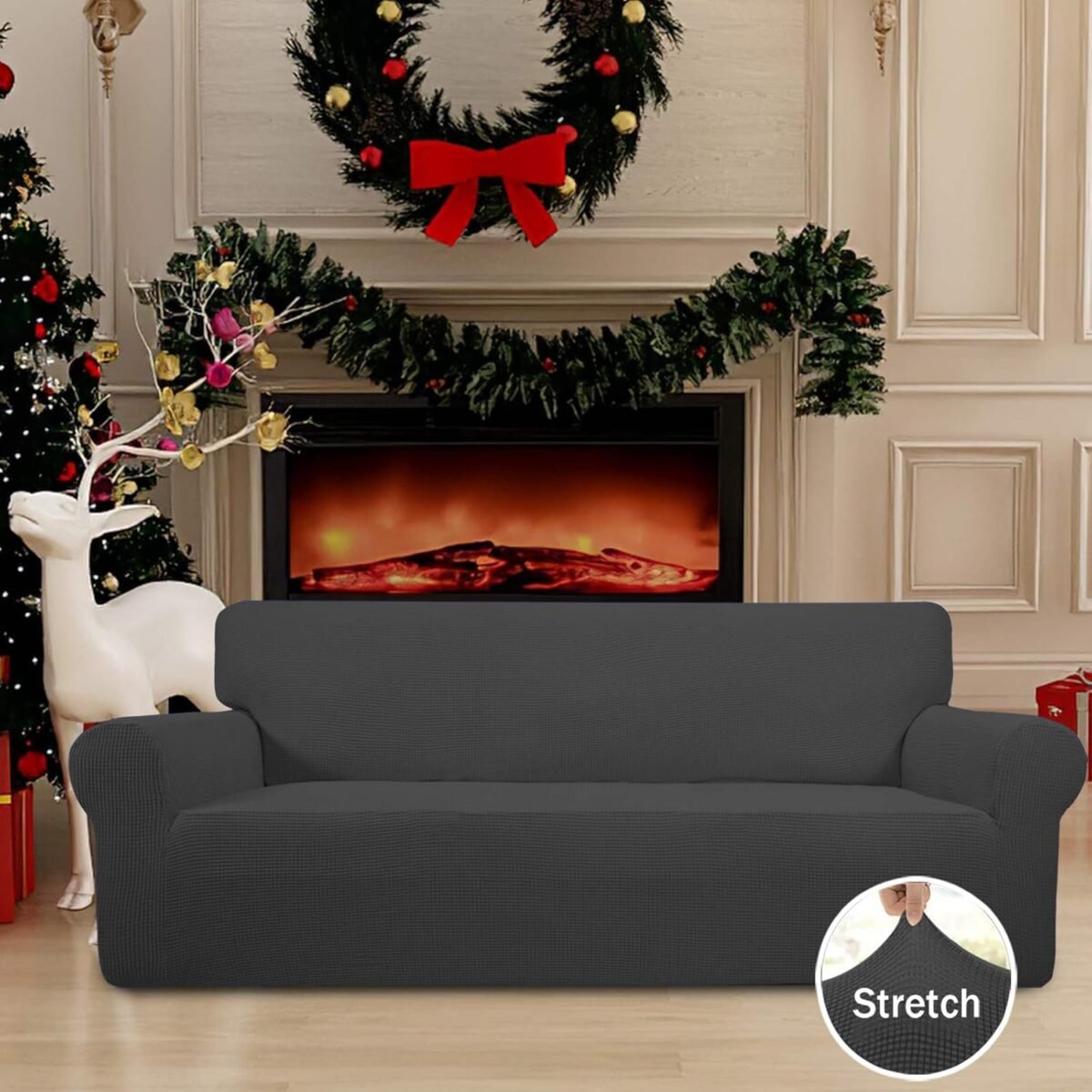 1747430011 easy going stretch sofa slipcover 1 piece sofa cover furniture protector couch soft with elastic bottom for kids polyester spandex jacquard fabric small checks sofa dark gray.jpg