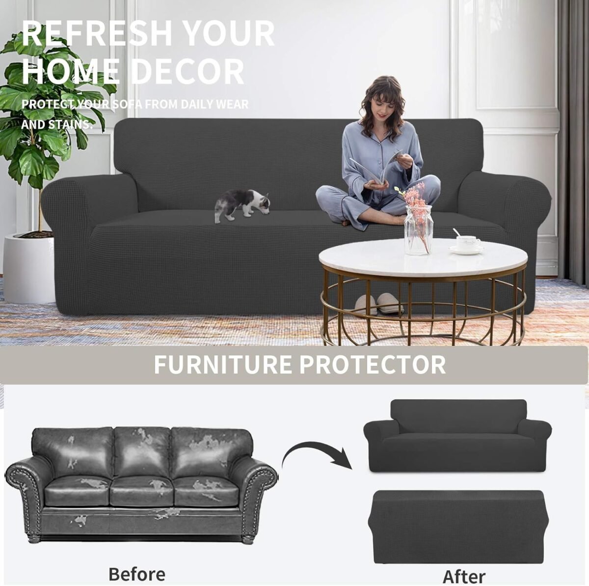 1747430013 easy going stretch sofa slipcover 1 piece sofa cover furniture protector couch soft with elastic bottom for kids polyester spandex jacquard fabric small checks sofa dark gray.jpg