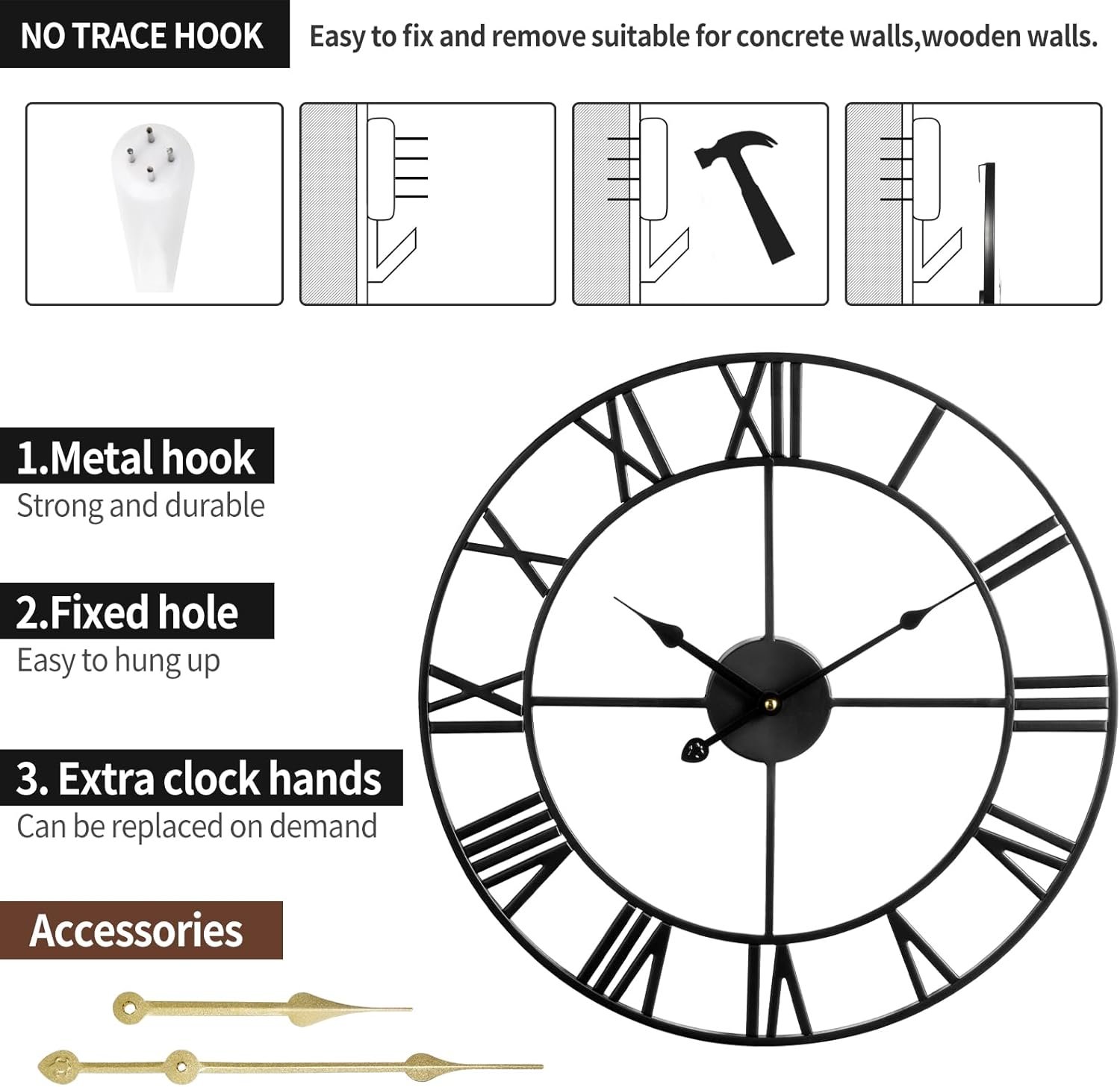 1747439081 large wall clock 40cm 16 inches silent non ticking metal wall clock black vintage modern style battery operated ideal for living room bedroom office farmhouse decor.jpg