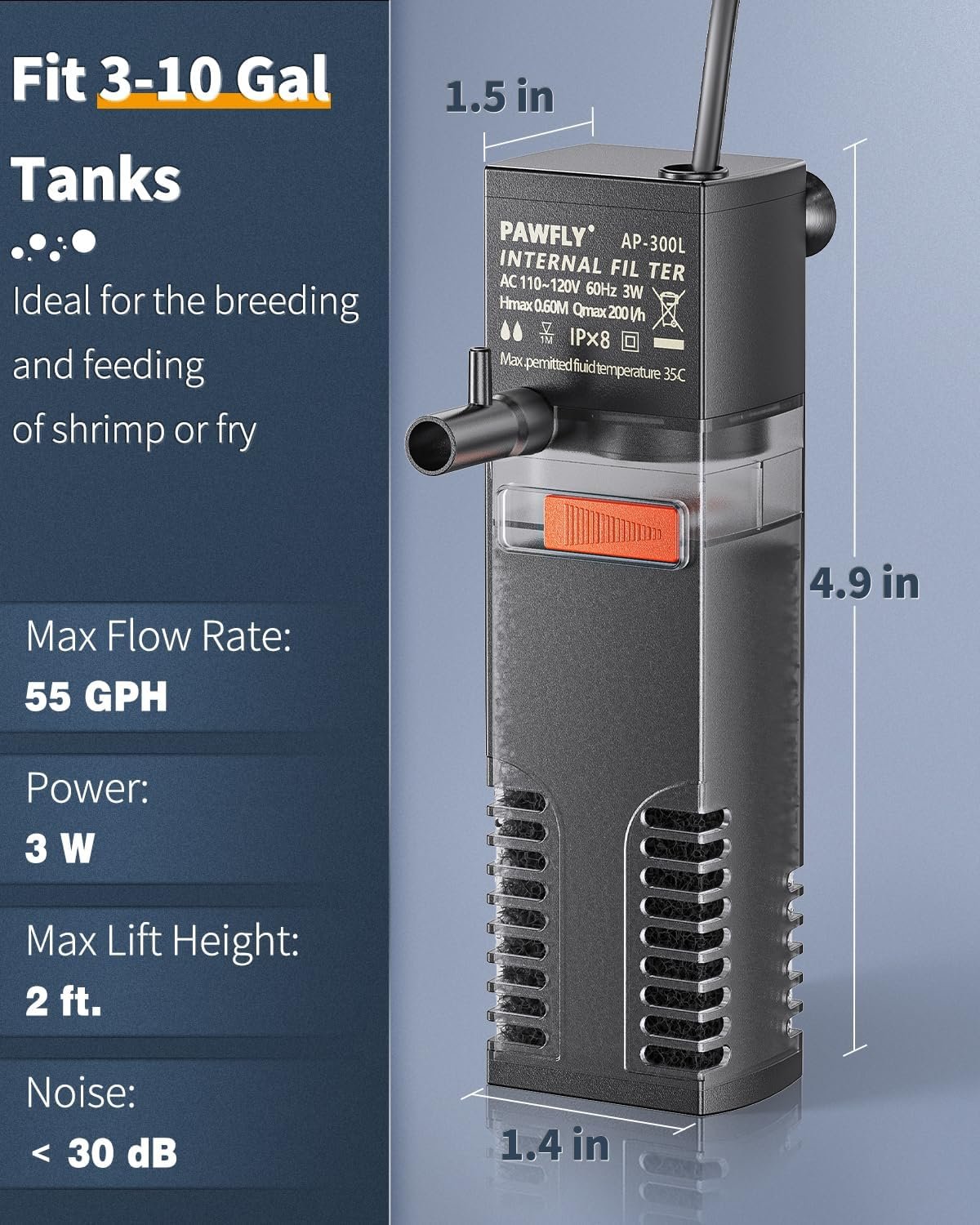 1747499096 pawfly internal aquarium filter submersible power filter with 55 gph water pump for 3 to 10 gallon fish tanks filtration circulation and oxygenation.jpg