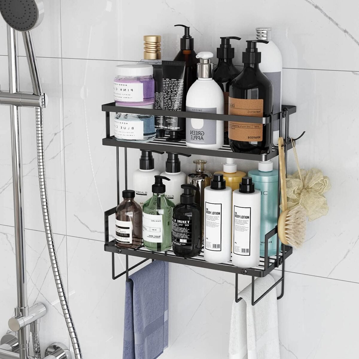 1747541300 godboat bathroom organizers 2 tier over toilet storage floating shelves with 2 hooks paper holder wall mounted shelf furniture cool accessories decor gifts for women mothers day black.jpg