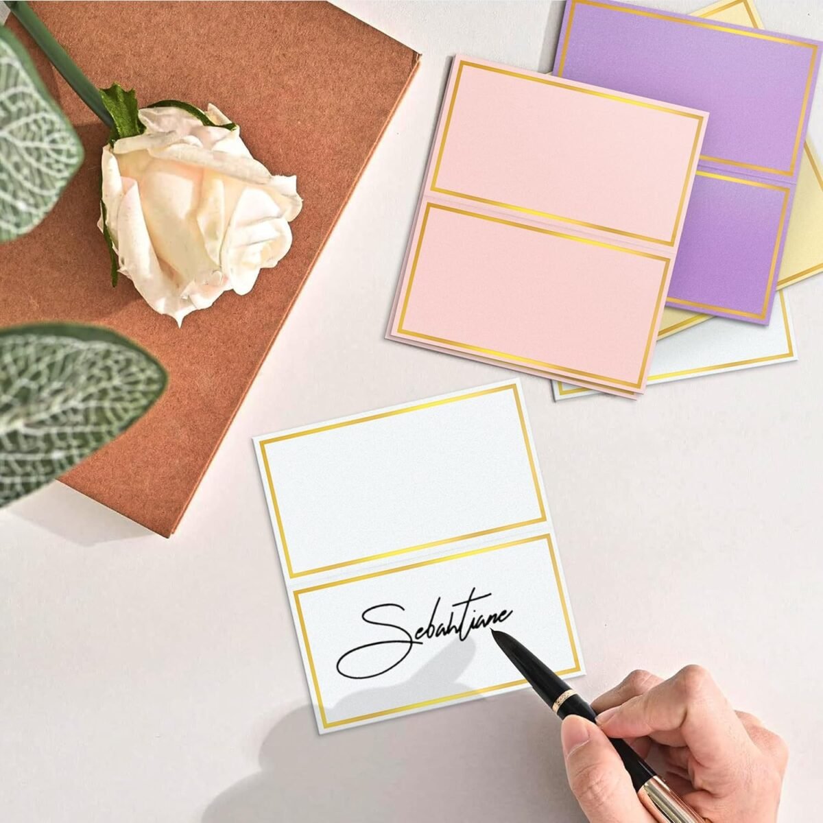 1747630975 100 pack metallic table cards place cards name cards for table setting 250g pearled table tents name tents avery place cards for wedding meeting party reserved seating sign purple.jpg