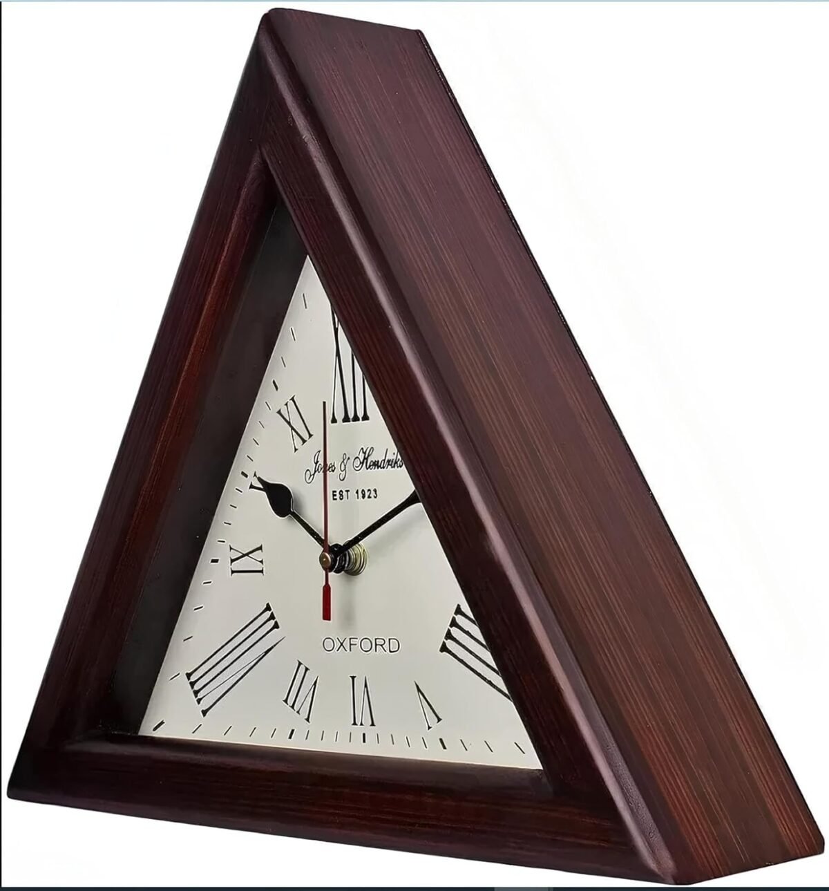 1747668993 brown wooden triangle shape wooden wall clock vintage nautical style roman number silent wall clock mid century modern battery operated mantel wall hanging clock 12 inch.jpg