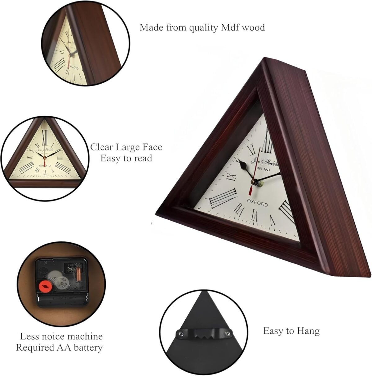 1747668995 brown wooden triangle shape wooden wall clock vintage nautical style roman number silent wall clock mid century modern battery operated mantel wall hanging clock 12 inch.jpg