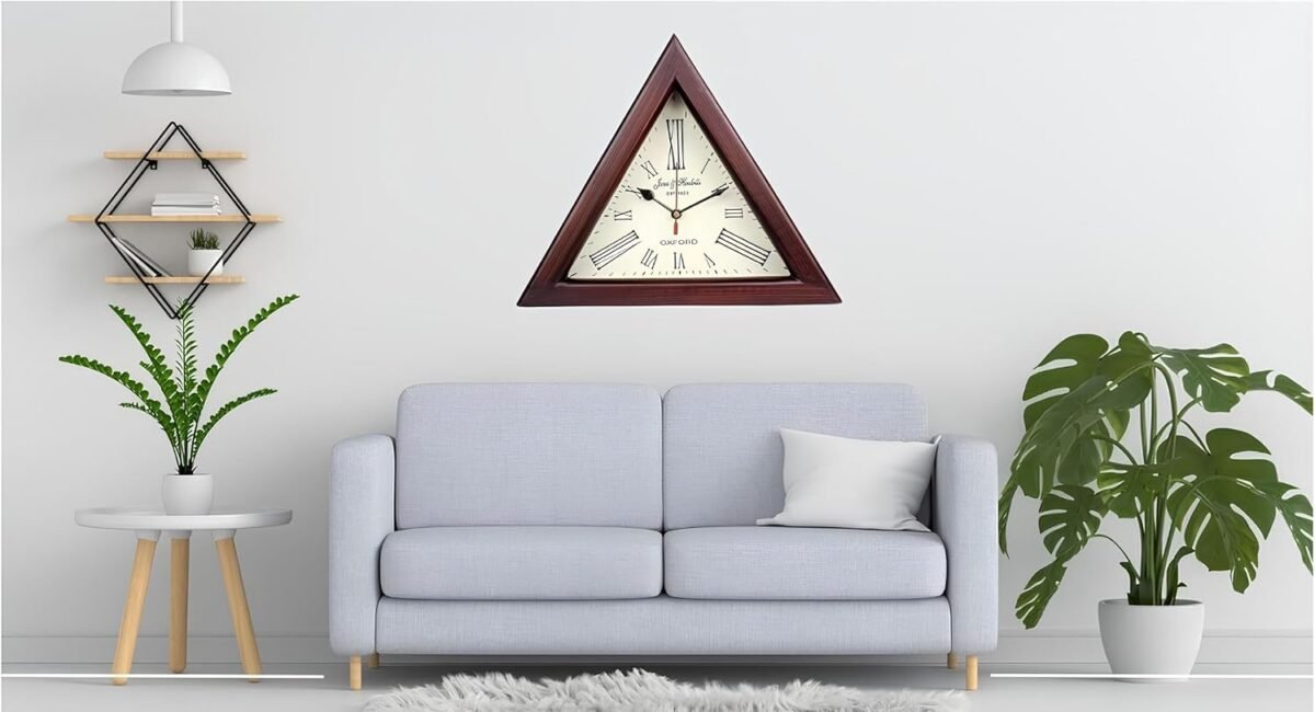 1747668996 brown wooden triangle shape wooden wall clock vintage nautical style roman number silent wall clock mid century modern battery operated mantel wall hanging clock 12 inch.jpg